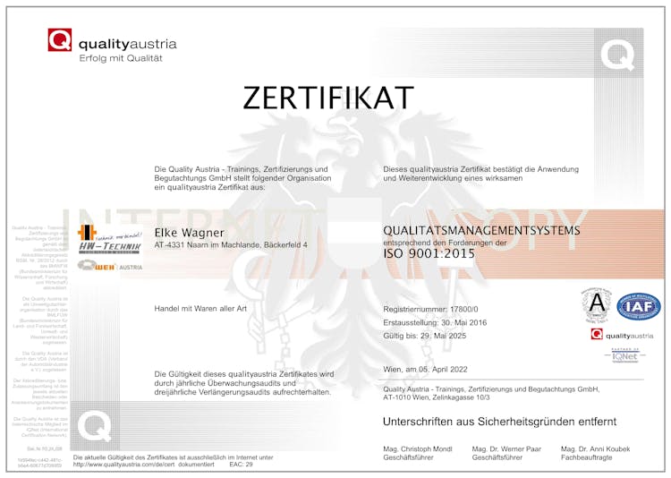 HW Technik Zertifikat quality_austria